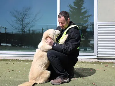 OHS Canine enrichment volunteer working with a blond dog. 