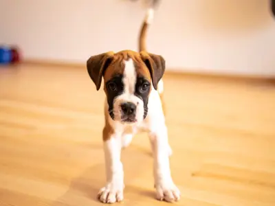 Small boxer puppy with full length tail wagging